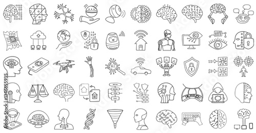 collection of artificial intelligence and technology icons, including brain, robot, and network symbols