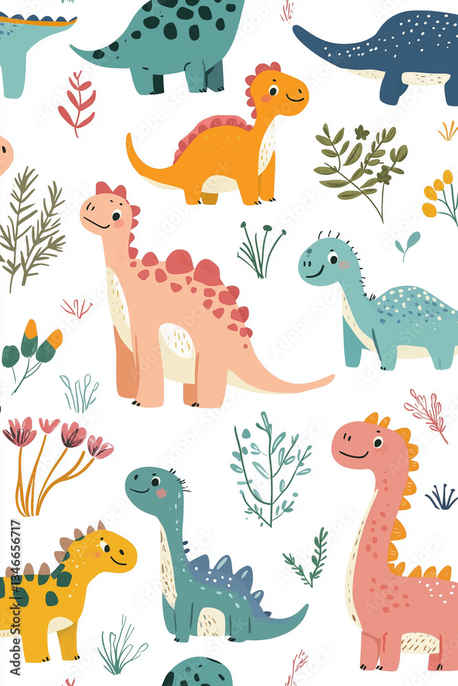 Naklejka premium Cute cartoon dinosaur pattern, white background, colorful, simple design, fun and playful style, simple shapes, flat color blocks