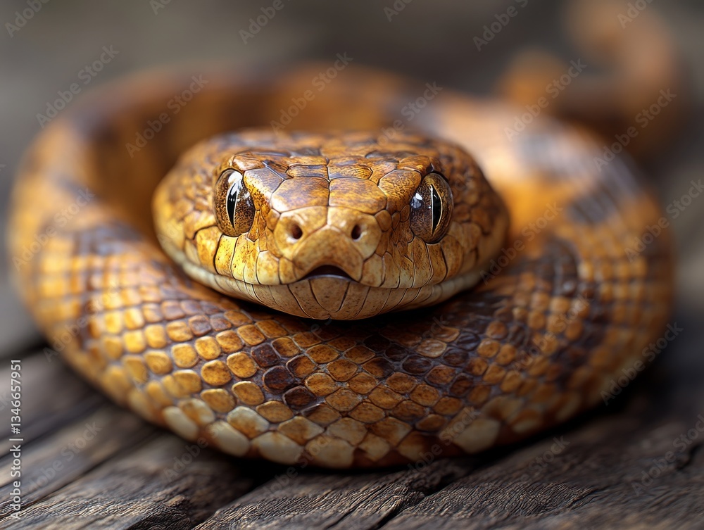 Fototapeta premium A Coiled Copperhead: Intimate Portrait of a Venomous Beauty Amidst Textured Wood, Capturing Reptilian Majesty in Striking Detail and Intricate Scaled Pattern