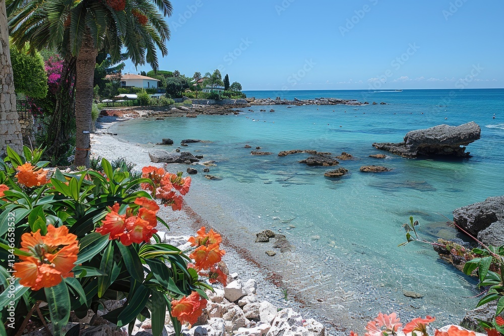 A beautiful coastal landscape with calm water and lovely flowers