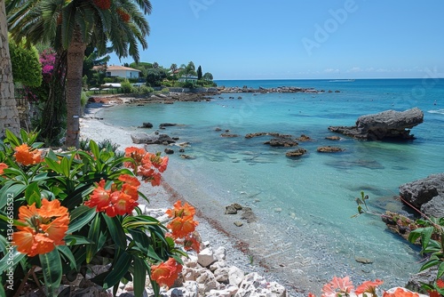 Obraz na płótnie A beautiful coastal landscape with calm water and lovely flowers w salonie