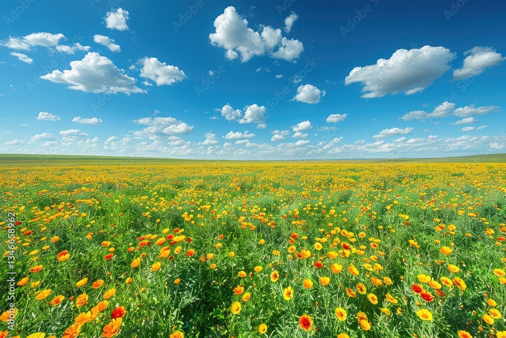 Fototapeta premium A beautiful field of yellow flowers under a blue sky