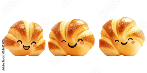 a set of three Cute and Happy Cartoon Croissants