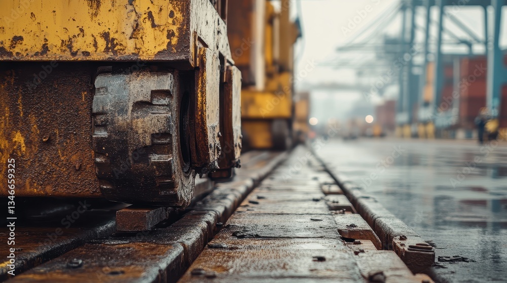 Rusty Industrial Vehicle on Port Railway Tracks, Cargo Shipping Logistics Rusty Industrial Vehicle on Port Railway Tracks, Cargo Shipping Logistics