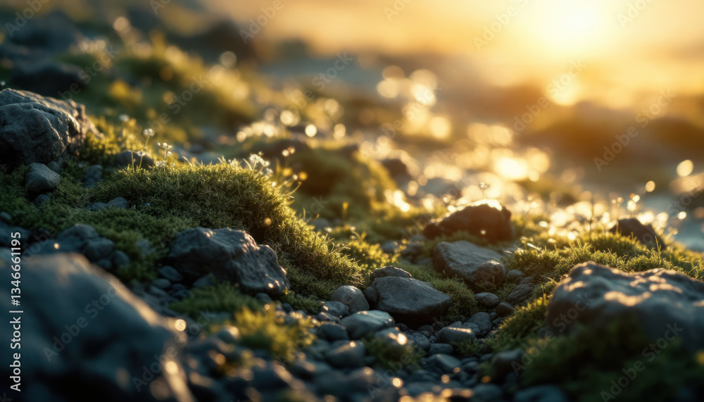 Golden Hour Mossy Rocks: A Serene Nature Scene Golden Hour Mossy Rocks: A Serene Nature Scene