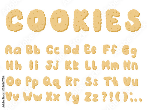 English alphabet cracker cookies. Set of uppercase and lowercase letters and punctuation marks. Cute simple kids letters and signs, vector graphics
