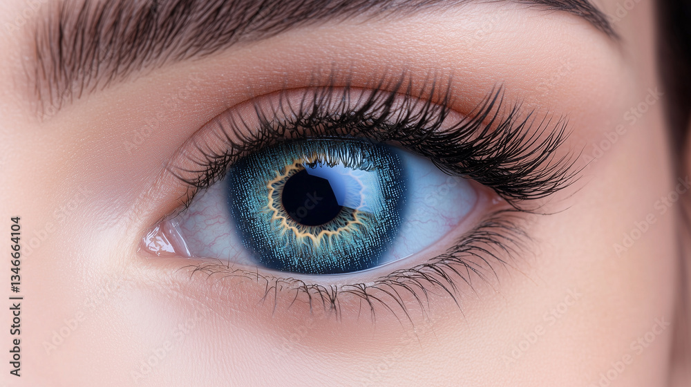Obraz premium A sharp and detailed close-up of a woman’s eye, featuring an intricate deep blue retina with stunning patterns of light and shadow