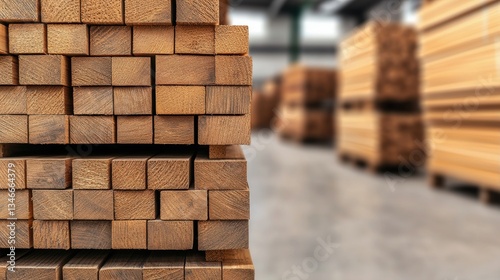 Stacked wooden planks in a lumber warehouse for construction