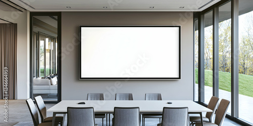 Blank wall-mounted monitor mockup in a modern boardroom with large windows.