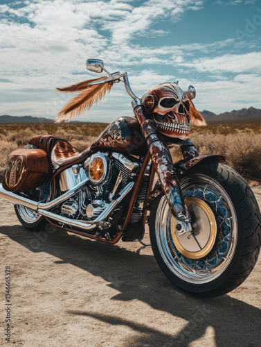A custom motorcycle with a skull paint design parked in the desert photo