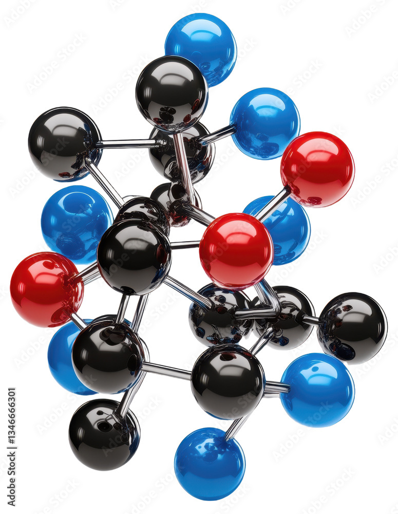Obraz premium Molecular structure model with black, blue, and red atoms