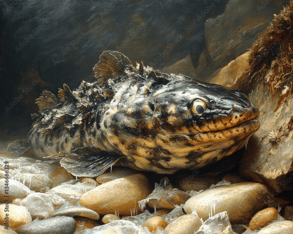 Obraz premium Captivating Riverbed Fish Amidst Pebbles: Discover the Beauty of Camouflaged Aquatic Life in Their Natural Rocky Underwater Habitat and Unique Textures
