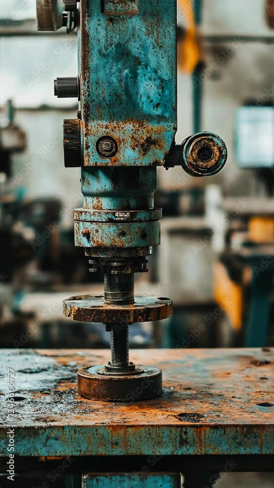 Old industrial machine in a workshop showcasing rust and wear during daytime operations Old industrial machine in a workshop showcasing rust and wear during daytime operations