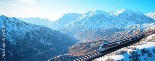 A sleek train travels through snow-capped mountains under a clear blue sky, showcasing a stunning blend of nature and technology.