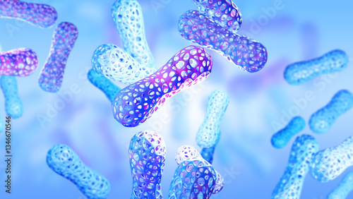 Microbiome organism. Beneficial bacteria. Probiotics in human immune system. Probiotic background. Microbiome elements. Immune system people. Human health background. Probiotics wallpaper. 3d image