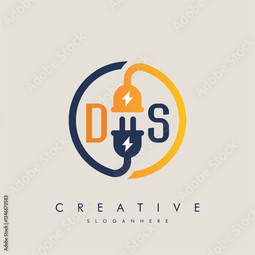 Letter DS SD Electric plug icon. Electrical plug with lighting symbol