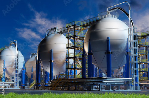 Chemical plant in the evening. Round hydrogen storage tanks.  Chemical industry. photo
