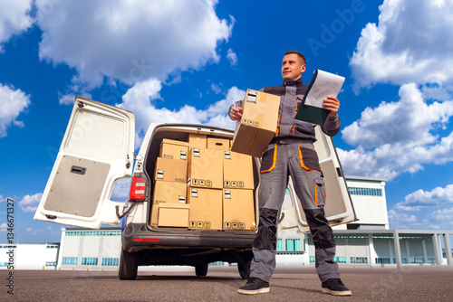 postman next to van. Mail v...