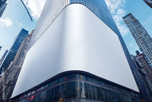 Large blank panoramic billboard mockup wrapping around a skyscraper corner.