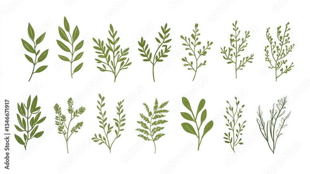 Green leaves, branches, botanical illustrations, white background, design elements Green leaves, branches, botanical illustrations, white background, design elements