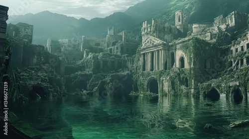 Ruined city submerged in a verdant, murky lagoon.  Overgrown, decaying architecture reflects in still water