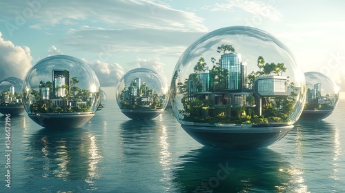Hydrogen city hydrogen future Futuristic eco-friendly cities encapsulated in transparent bubbles, floating on serene waters, blending nature and advanced technology for sustainable living.