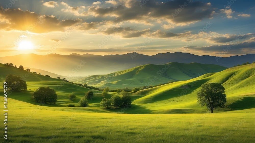 Naklejka premium A picturesque landscape featuring a lush green hillside bathed in warm sunlight,