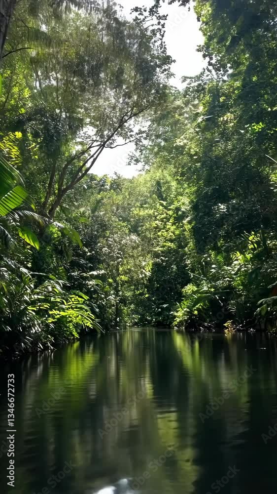 Lush tropical rainforest along a serene river reflects sunlight through vibrant green foliage Lush tropical rainforest along a serene river reflects sunlight through vibrant green foliage