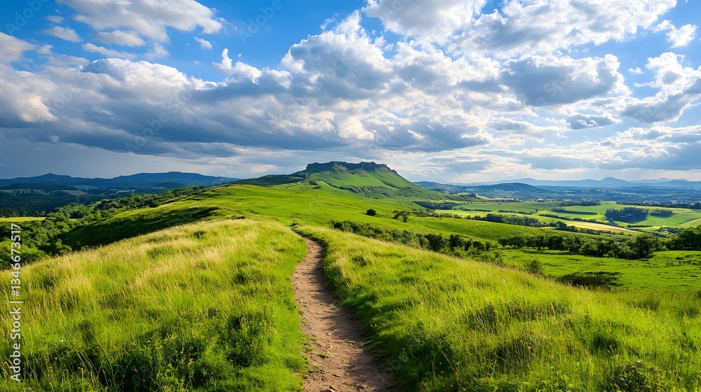 Obraz premium Scenic Hiking Trail Winding Through Lush Green Hills and Meadows under a Blue Sky