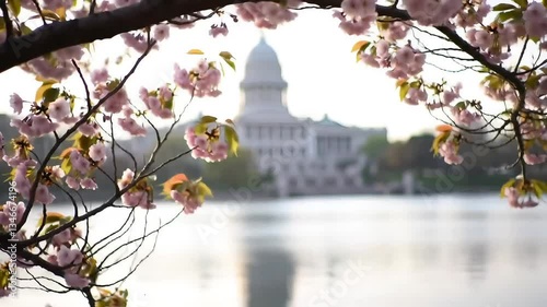 Cherry Blossoms Framing the Wisconsin State Capitol Building: Springtime Reflections on Lake Monona in Madison, Wisconsin