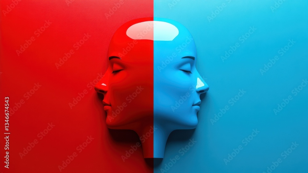 A split image featuring two profile faces, one red and the other blue, representing contrasting emotions or states of mind. A split image featuring two profile faces, one red and the other blue, representing contrasting emotions or states of mind.