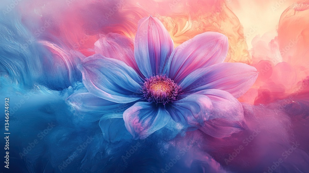 Digital art piece showcasing a blue and purple flower at the center, blending watercolor and generative effects Digital art piece showcasing a blue and purple flower at the center, blending watercolor and generative effects