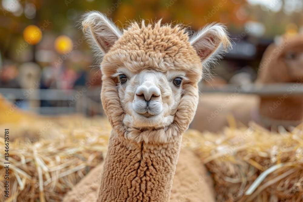Obraz premium A close portrait of a fluffy alpaca looking directly at the viewer