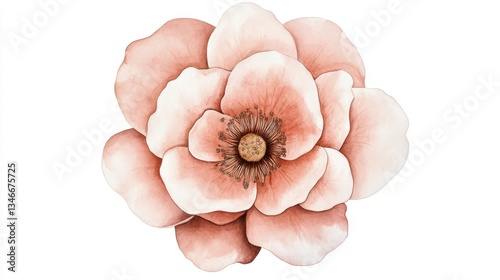 A soft pink flower with delicate petals and a central cluster of stamens, beautifully illustrated in a watercolor style against a white background.