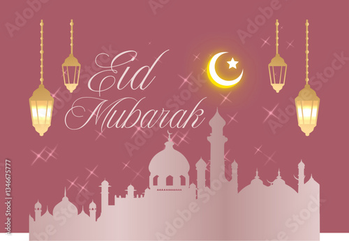 Celebrate Eid with a stylish greeting card design featuring golden lanterns an illuminated crescent moon and a mosque silhouette on a sparkling background symbolizing joy blessings and togetherness. 