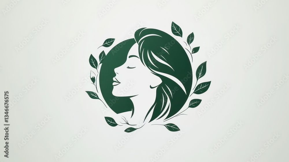 Fototapeta premium Woman, profile, leaves, serene, green, nature, beauty, logo