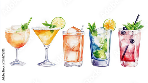 Watercolor illustration of a variety of brightly colored cocktails