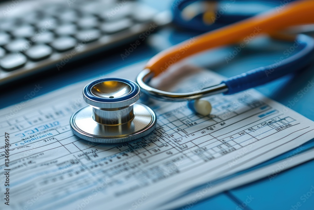 A close up image of a stethoscope and medical paperwork A close up image of a stethoscope and medical paperwork