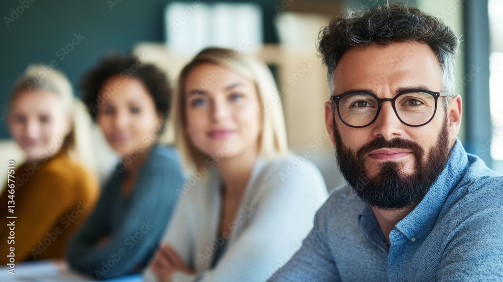 A focused man with a beard sits in a meeting room, surrounded by three women, all engaged in a discussion. A focused man with a beard sits in a meeting room, surrounded by three women, all engaged in a discussion.