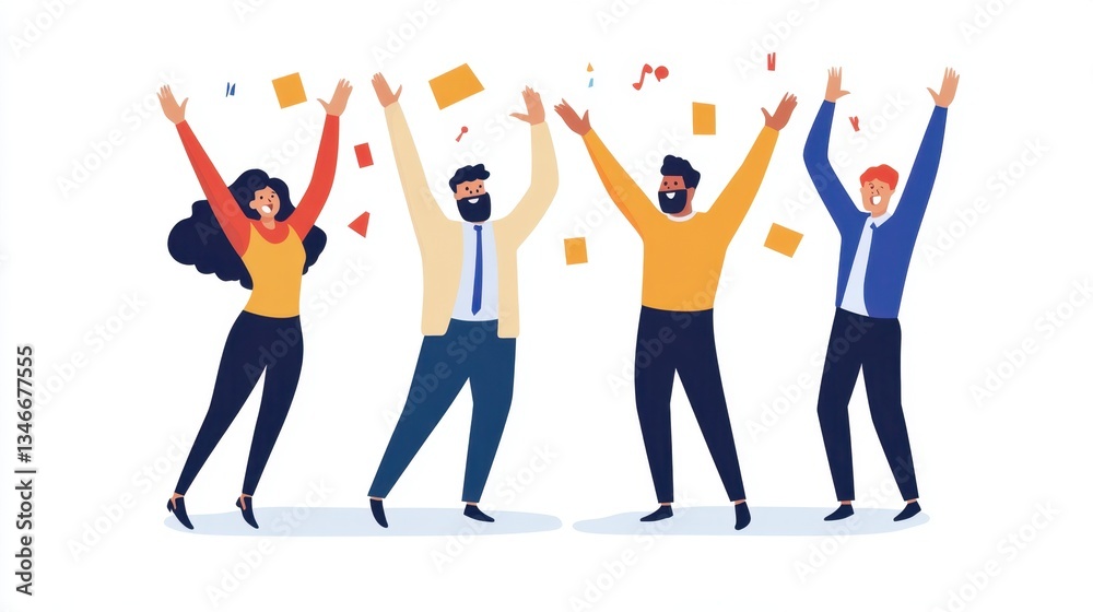 Obraz premium A vibrant illustration of four cheerful people celebrating with raised arms and colorful confetti, expressing joy and excitement.