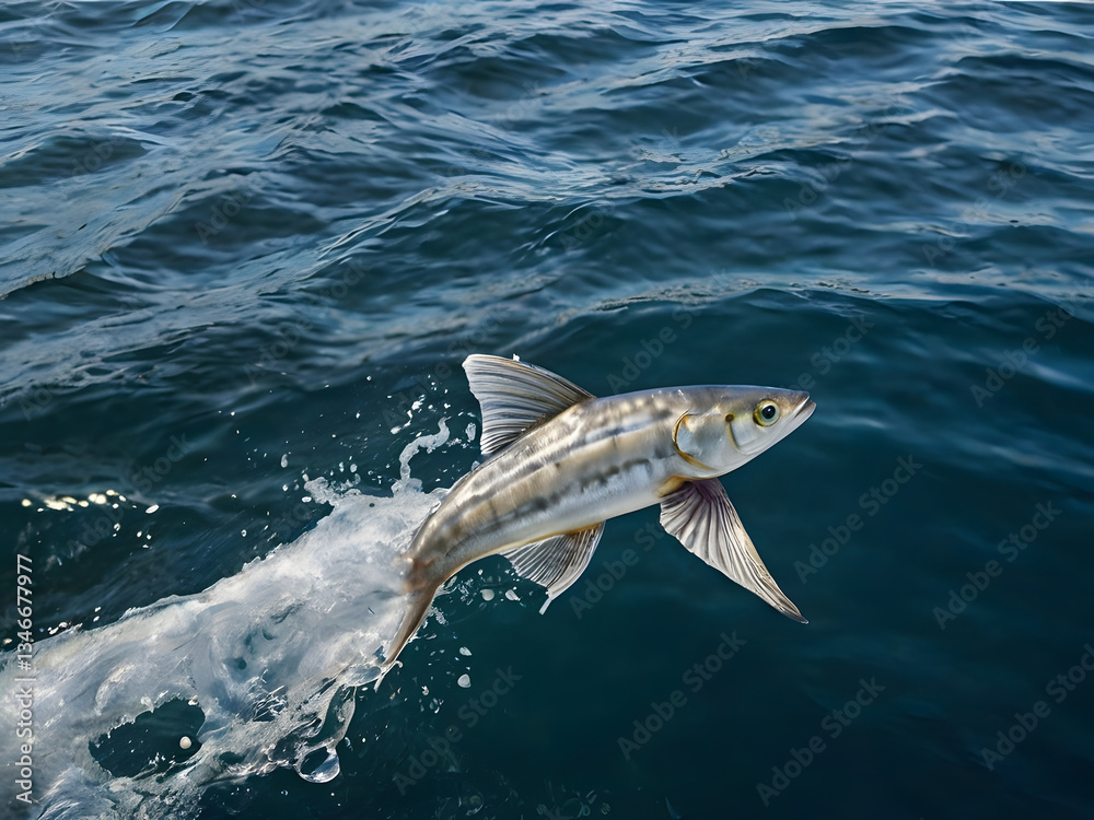 Fototapeta premium Majestic Fish's Leap: A dynamic image capturing a solitary fish in mid-air, showcasing its elegant form and powerful leap against the backdrop of the vast ocean.