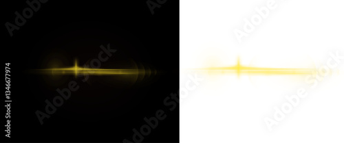 Yellow light glow with flare effect and sparkle line creating a white abstract backdrop. Background beam with curve decoration, explosion festive flash, glare glowing illuminated illustration with 