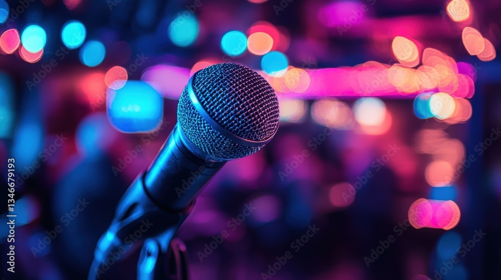 Close-up of Microphone with Colorful Blurred Background in a Vibrant Nightlife Setting