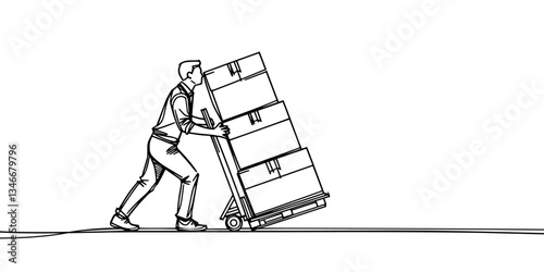 Single one line drawing man pushing hand pallet for moving box. Shipment and logistic concept. Continuous line draw design graphic vector illustration.
