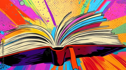 Open book, vibrant background, abstract design, artistic, illustration