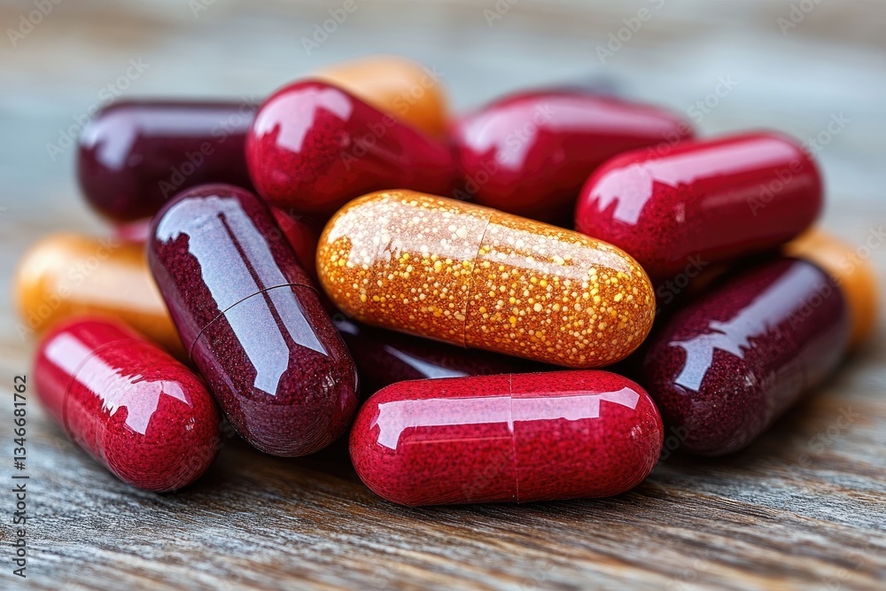 A close up view of multiple colorful capsules on wood