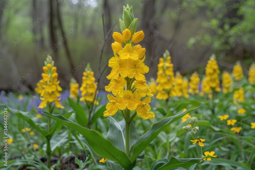 Obraz premium A cluster of tall yellow flowers blooming in a field setting