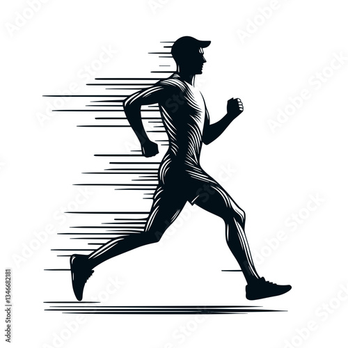 Stylized illustration of a marathon runner in motion with dynamic speed lines in vector art