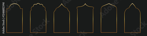 Set of golden gradient Islamic, arab line arch, frame vector icons