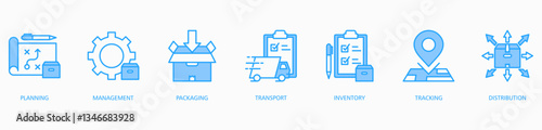 Logistics banner web icon vector illustration concept with icon of planning, management, packaging, transport, inventory, tracking and distribution